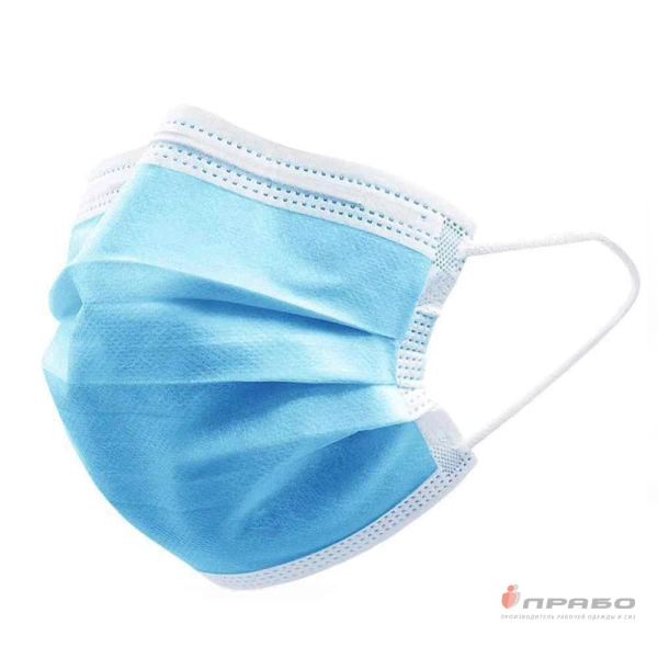 Маска трёхслойная на резинке голубая (спанбонд/мельтблаун/спанбонд). Артикул: Од210. #REGION_MIN_PRICE#