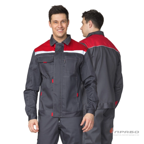 Костюм мужской летний «Профессионал 2 СОП» тёмно-серый/красный (куртка и полукомбинезон). Артикул: Кос134. #REGION_MIN_PRICE# в г. Москва