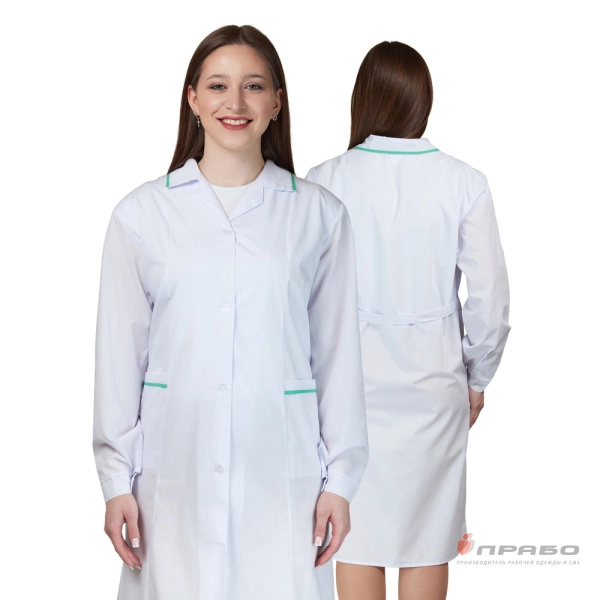 Халат женский (ТиСи) белый с зелёной отделкой