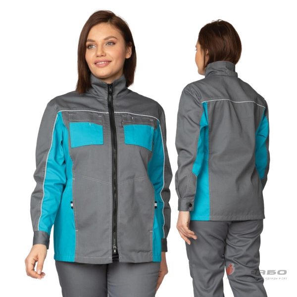 Костюм женский «Бренд 1» 2020 с удлинённой курткой серый/бирюза. Артикул: 10072. #REGION_MIN_PRICE# в г. Москва