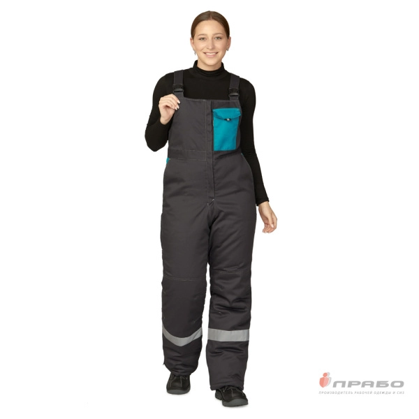 Полукомбинезон женский утеплённый «Бренд» тёмно-серый/бирюза. Артикул: 11242. #REGION_MIN_PRICE# в г. Казань