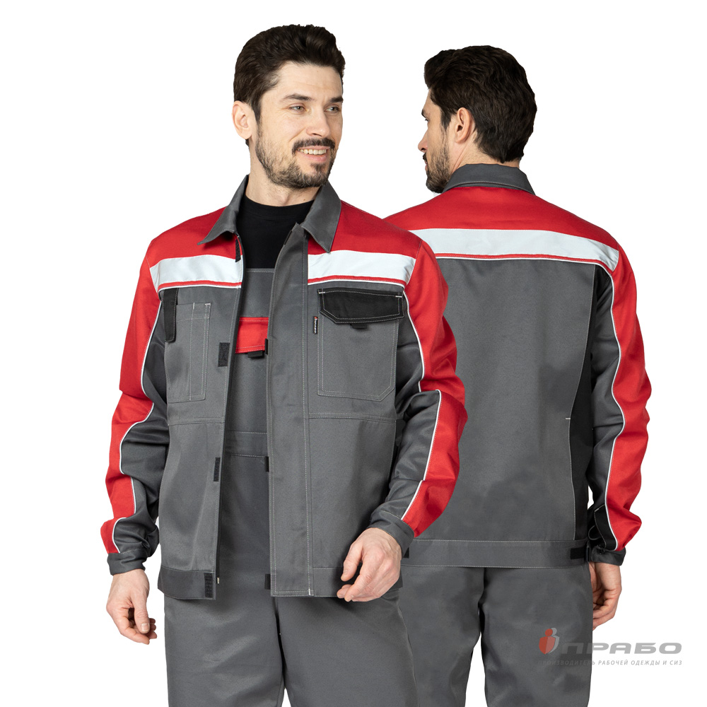 Костюм мужской «Уни-Спец 2» СОП тёмно-серый/красный (куртка и полукомбинезон). Артикул: 12679. Цена от 1 895,00 р. в г. Москва