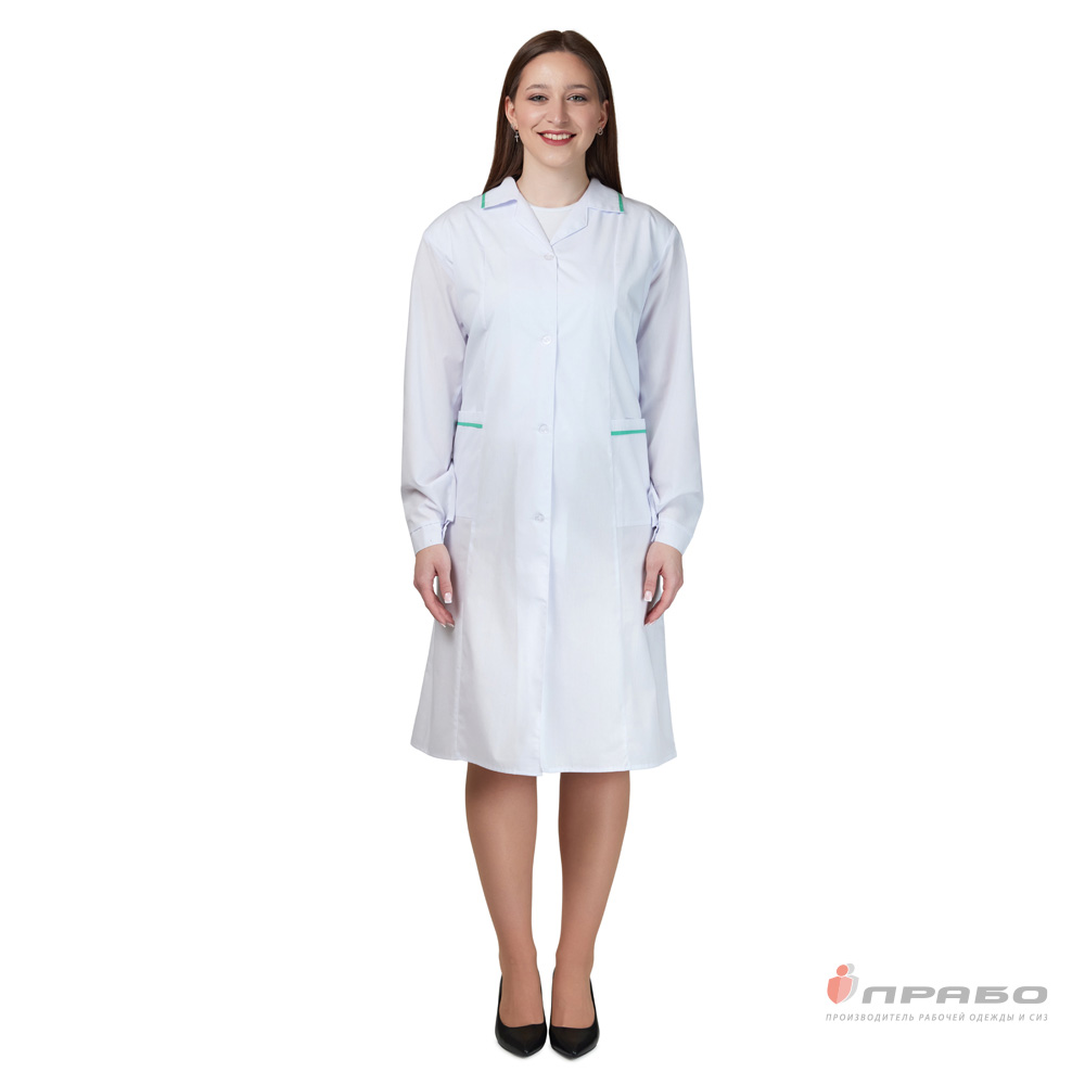 Халат женский (ТиСи) белый с зелёной отделкой